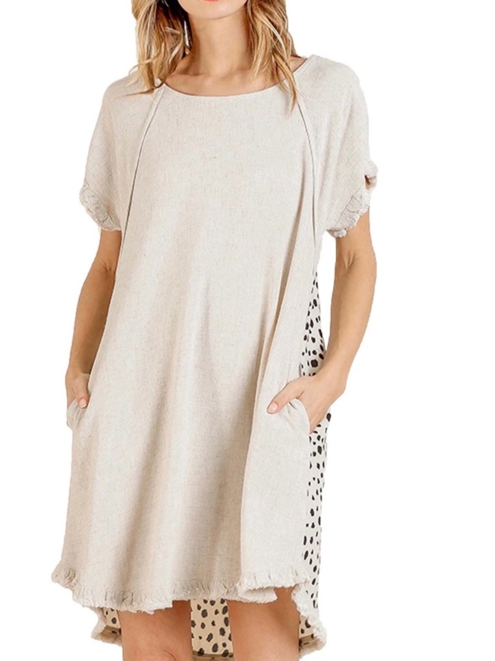 Umgee Linen Blend Cream Short Sleeve Shift Dress with Leopard-Print Back